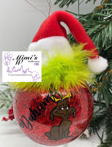 3” Grinch Inspired  Ornaments with Green Hair and Santa’s Hat