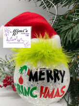Load image into Gallery viewer, 3” Grinch Inspired  Ornaments with Green Hair and Santa’s Hat
