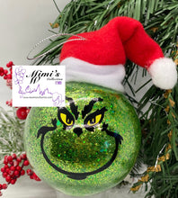 Load image into Gallery viewer, 3” Grinch Ornaments with Santa’s Hat
