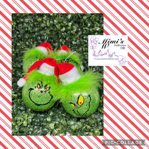 3” Grinch Inspired  Ornaments with Green Hair and Santa’s Hat
